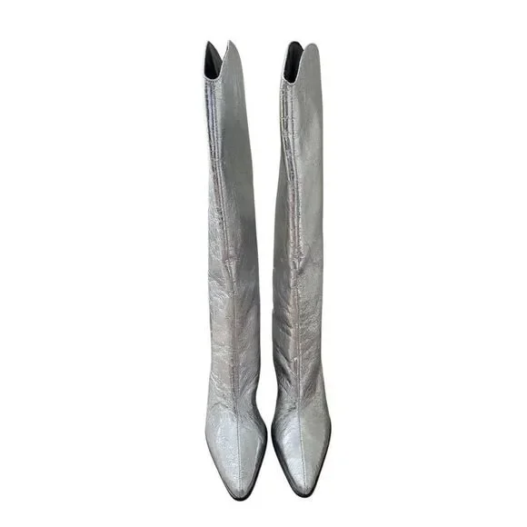 Steve Madden Silver Pointed Toe Size 6.5 Block Heel Knee High Boots NEW
